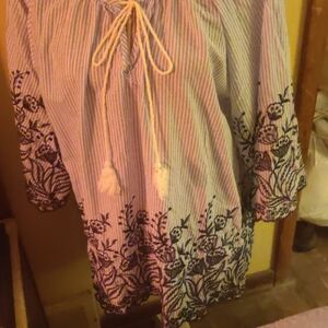 3X Navy blue striped cotton embroidered Chic blouse. Light, airy and soft.